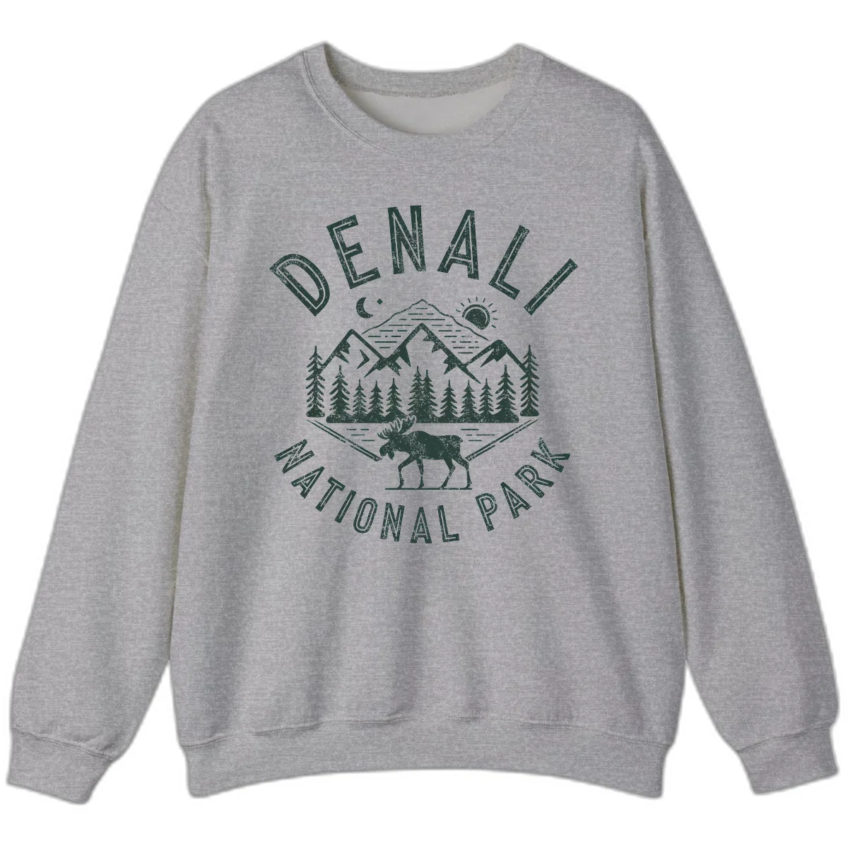 Denial National Park badge design with moose walking through forest, mountains, sun and moon with crossed fishing rods in Sport Grey