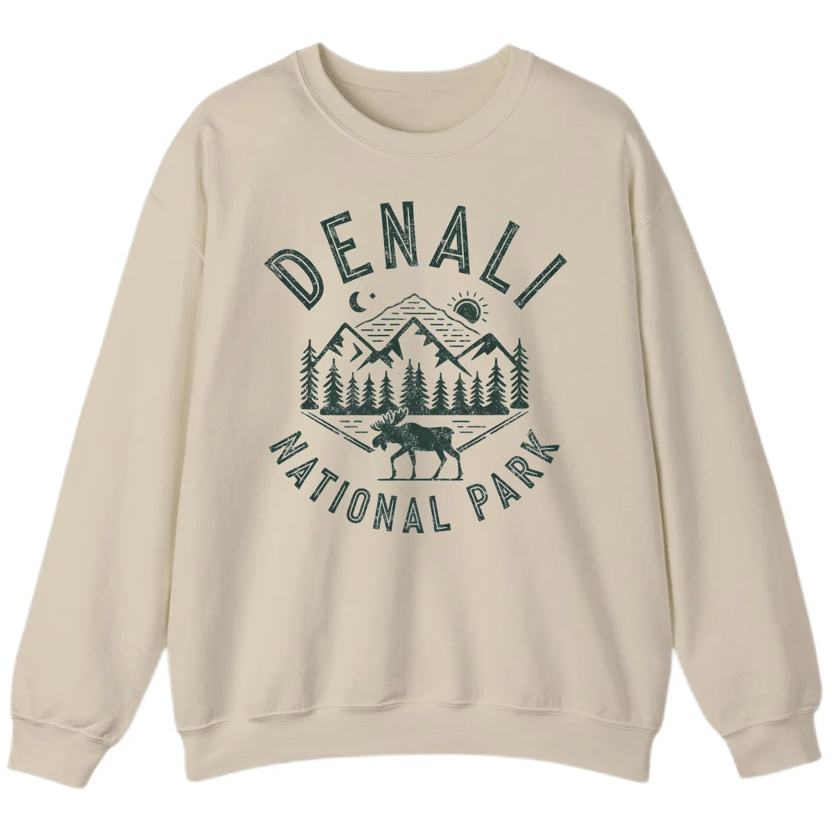 Denial National Park badge design with moose walking through forest, mountains, sun and moon with crossed fishing rods in Sand