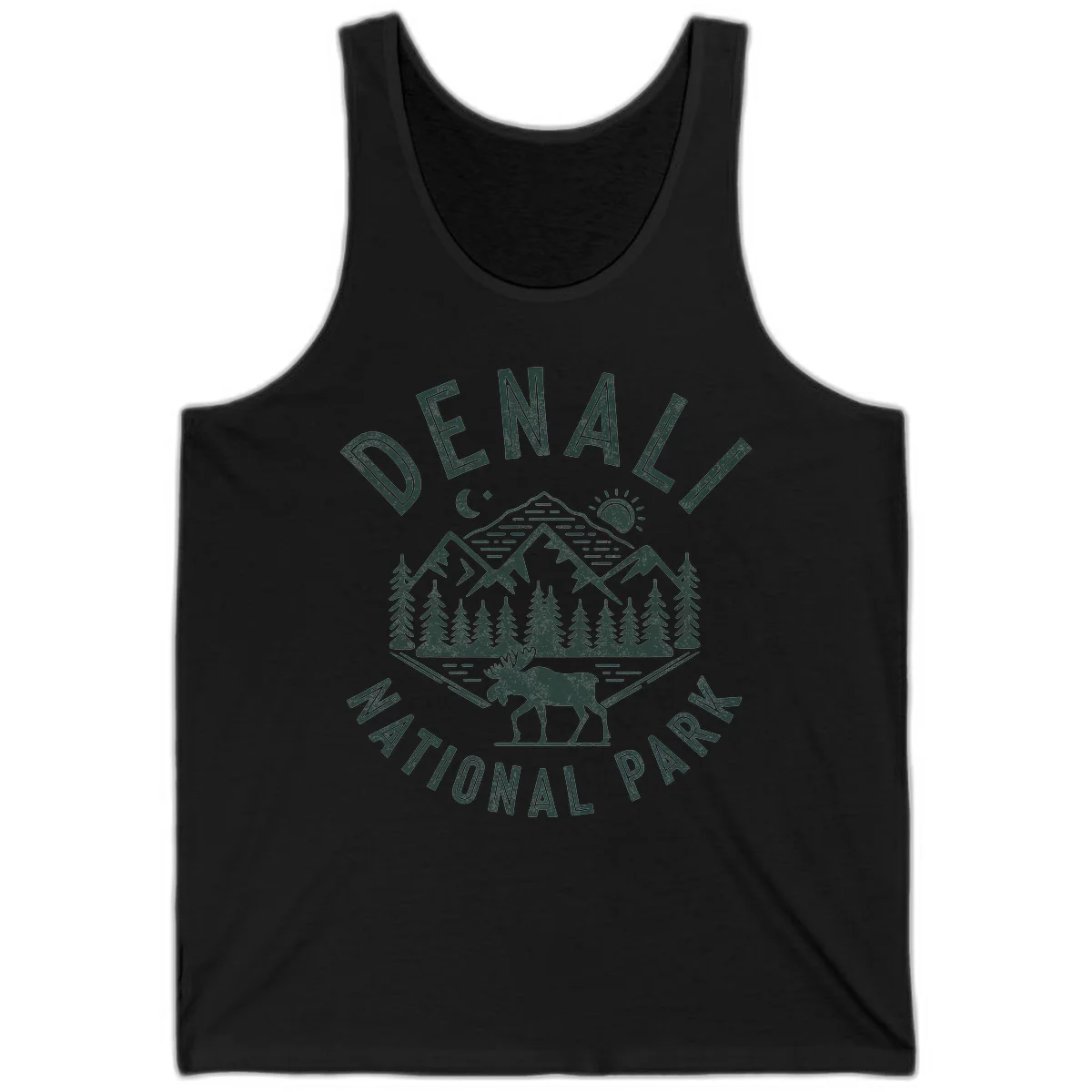 Denial National Park badge design with moose walking through forest, mountains, sun and moon with crossed fishing rods in Black