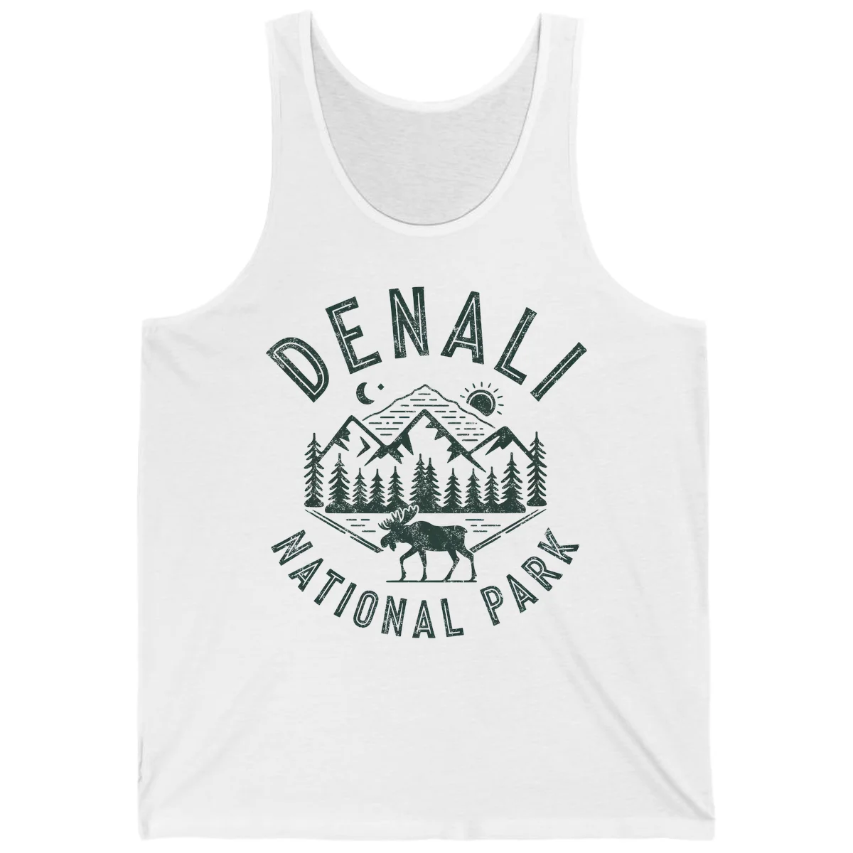 Denial National Park badge design with moose walking through forest, mountains, sun and moon with crossed fishing rods in White