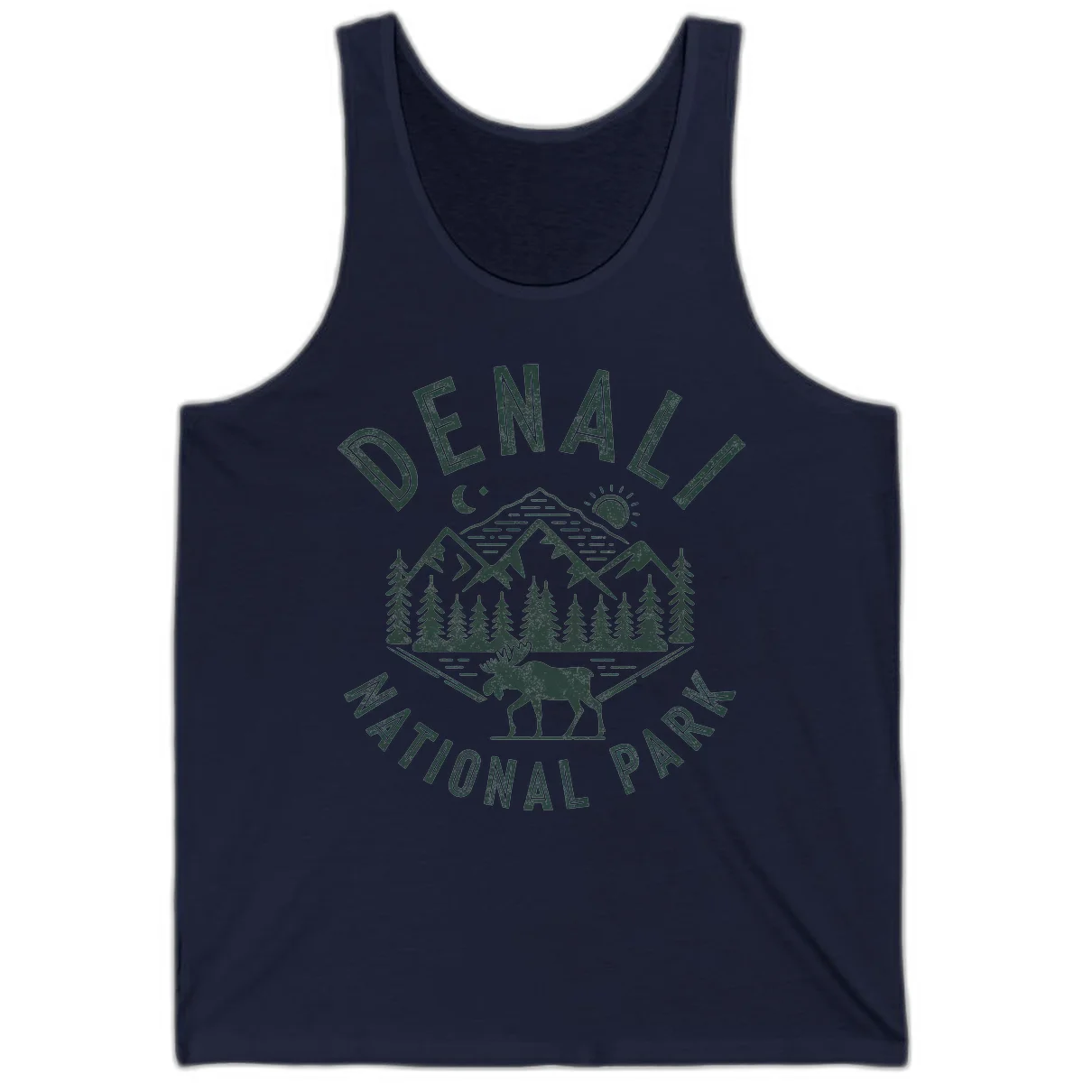 Denial National Park badge design with moose walking through forest, mountains, sun and moon with crossed fishing rods in Navy