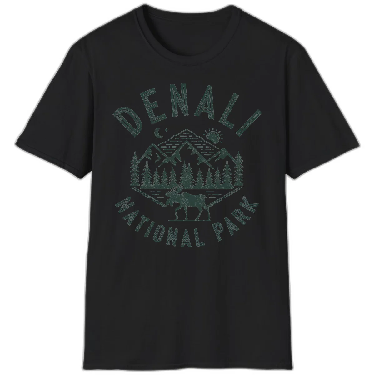 Denial National Park badge design with moose walking through forest, mountains, sun and moon with crossed fishing rods in Black