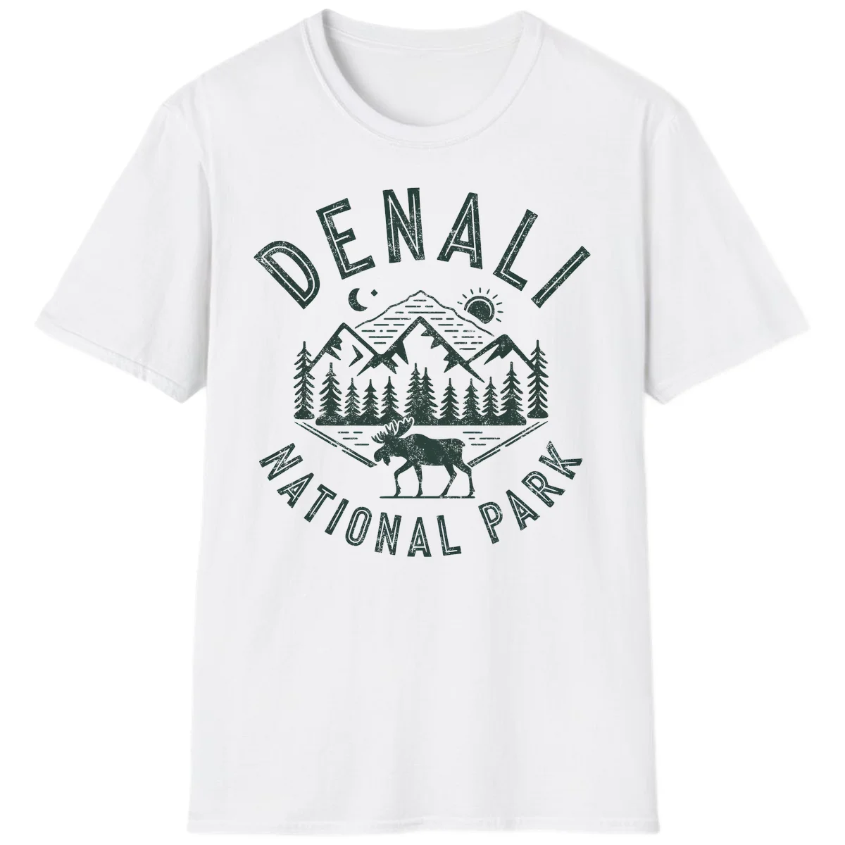 Denial National Park badge design with moose walking through forest, mountains, sun and moon with crossed fishing rods in White