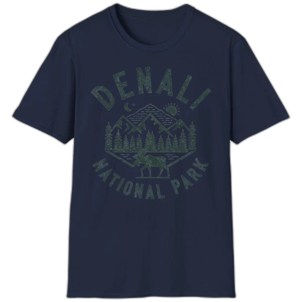 Denial National Park badge design with moose walking through forest, mountains, sun and moon with crossed fishing rods in Navy