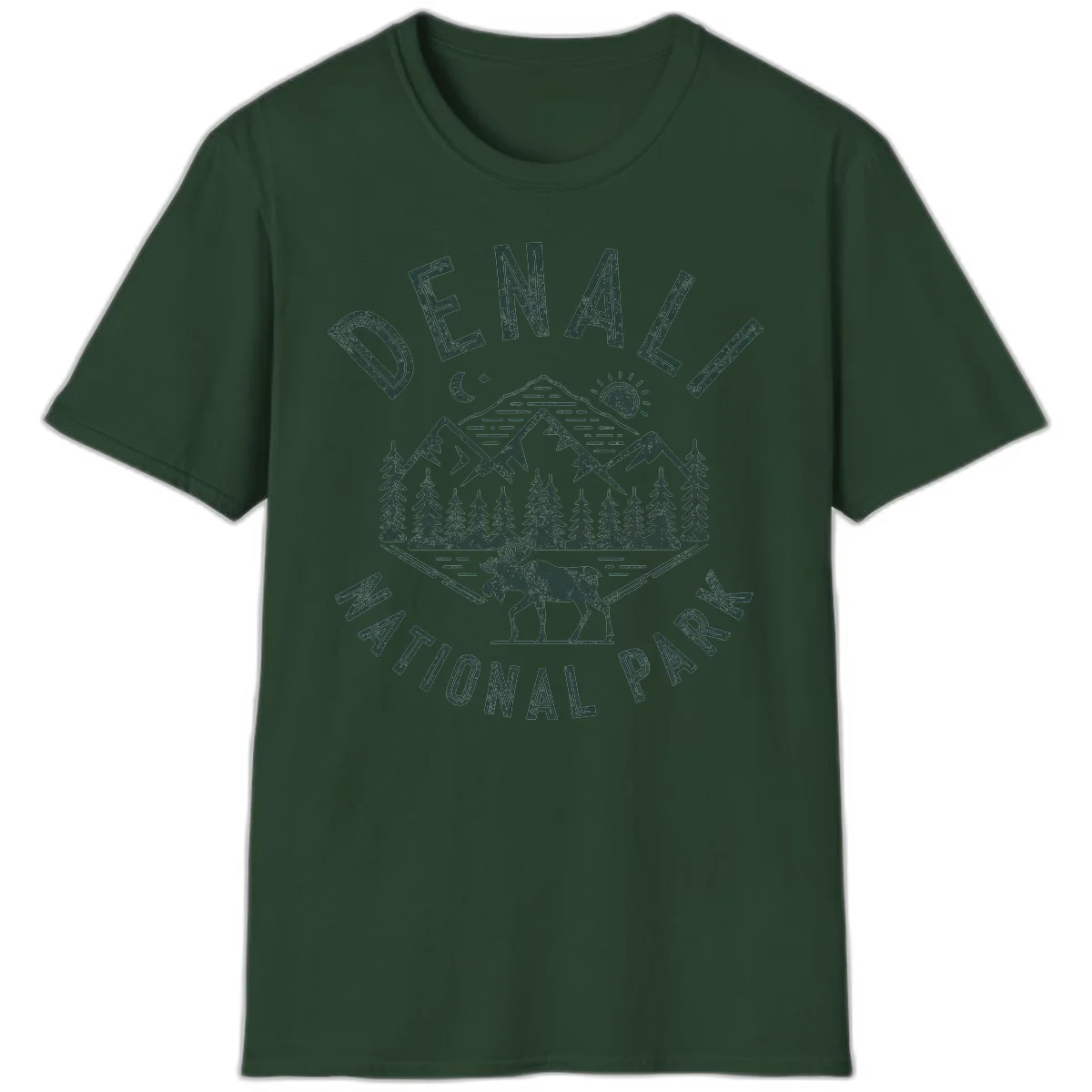 Denial National Park badge design with moose walking through forest, mountains, sun and moon with crossed fishing rods in Forest Green