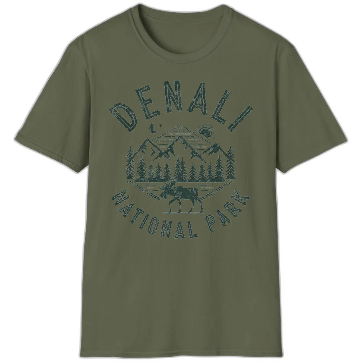 Denial National Park badge design with moose walking through forest, mountains, sun and moon with crossed fishing rods in Military Green