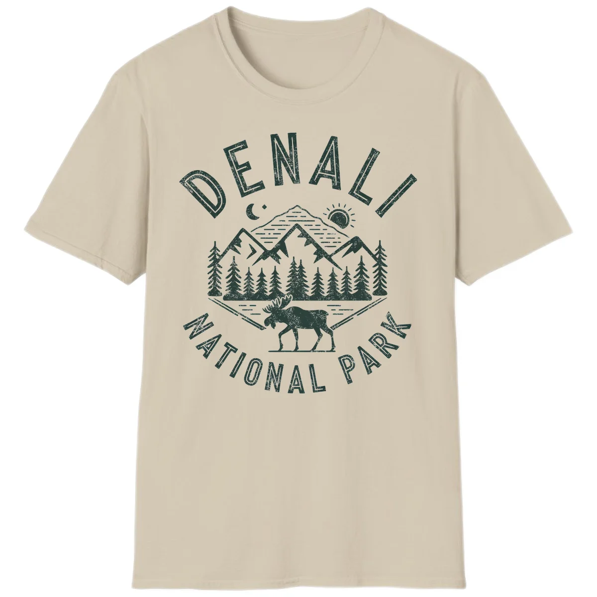 Denial National Park badge design with moose walking through forest, mountains, sun and moon with crossed fishing rods in Sand