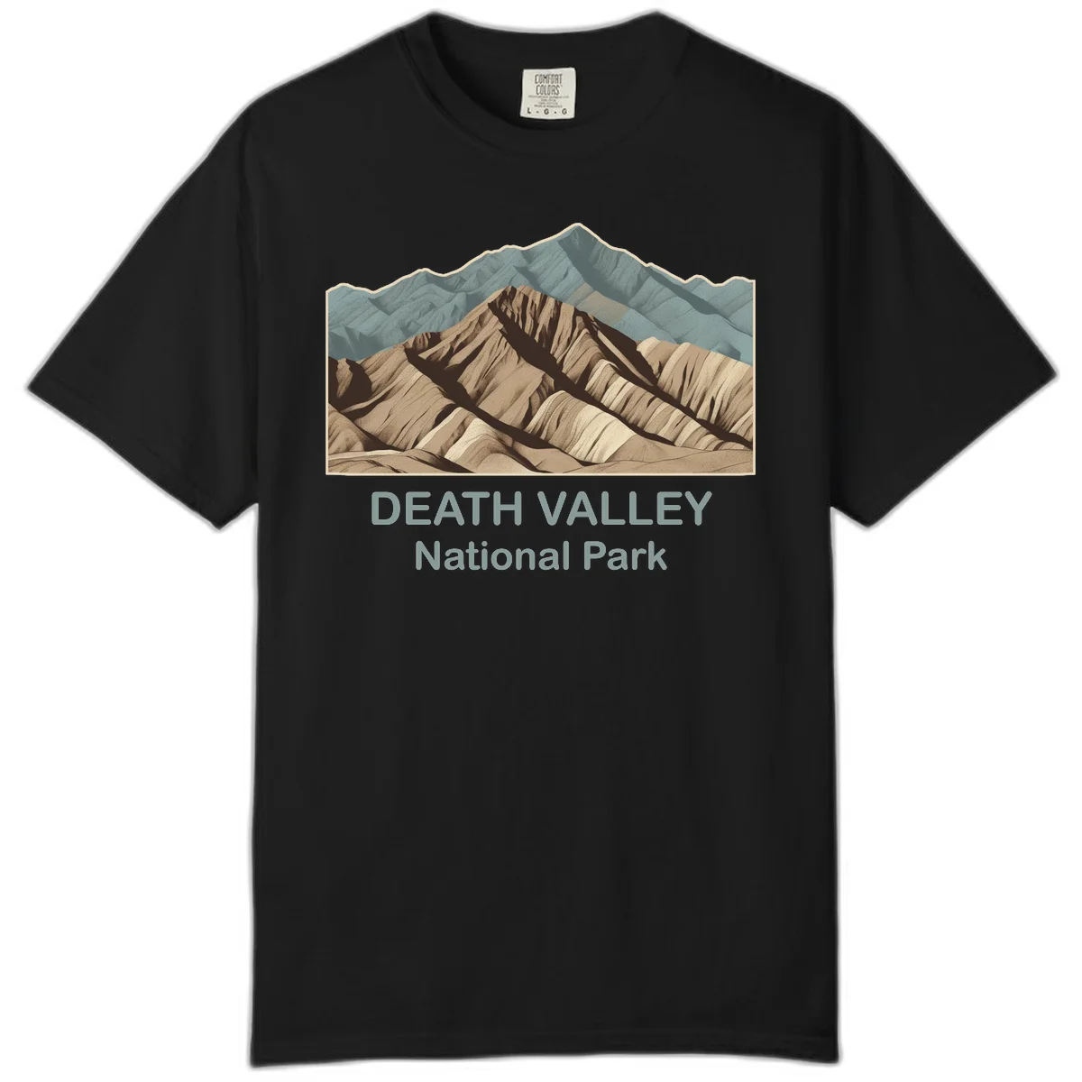 Vintage-style illustration of Death Valley badlands with layered tan and brown striped mountains, teal peaks in background, and text reading Death Valley National Park. in Black