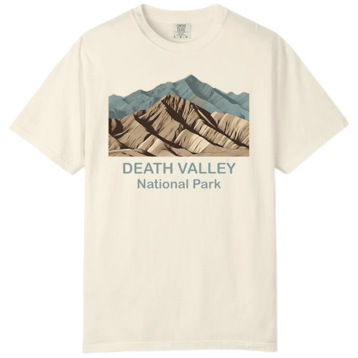 Vintage-style illustration of Death Valley badlands with layered tan and brown striped mountains, teal peaks in background, and text reading Death Valley National Park. in Ivory