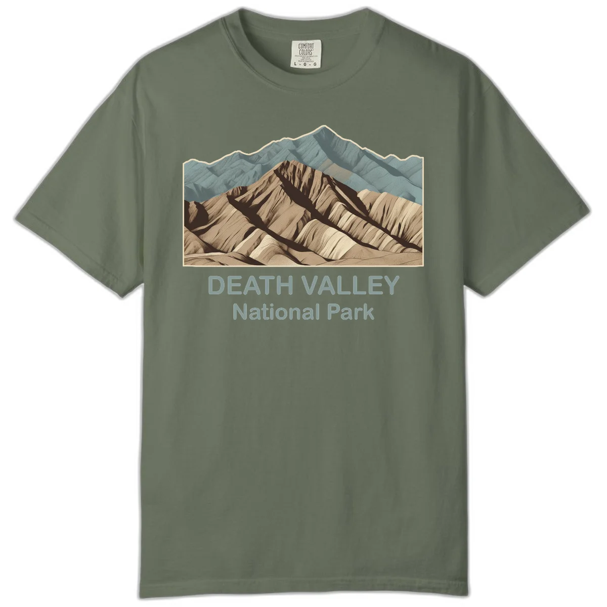 Vintage-style illustration of Death Valley badlands with layered tan and brown striped mountains, teal peaks in background, and text reading Death Valley National Park. in Moss