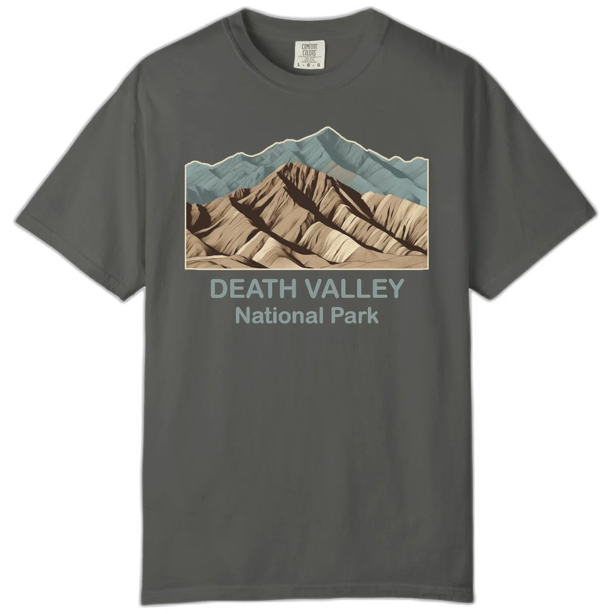 Vintage-style illustration of Death Valley badlands with layered tan and brown striped mountains, teal peaks in background, and text reading Death Valley National Park. in Pepper