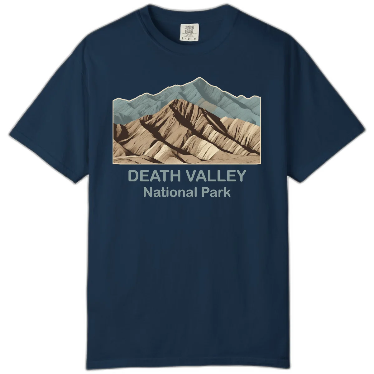 Vintage-style illustration of Death Valley badlands with layered tan and brown striped mountains, teal peaks in background, and text reading Death Valley National Park. in True Navy
