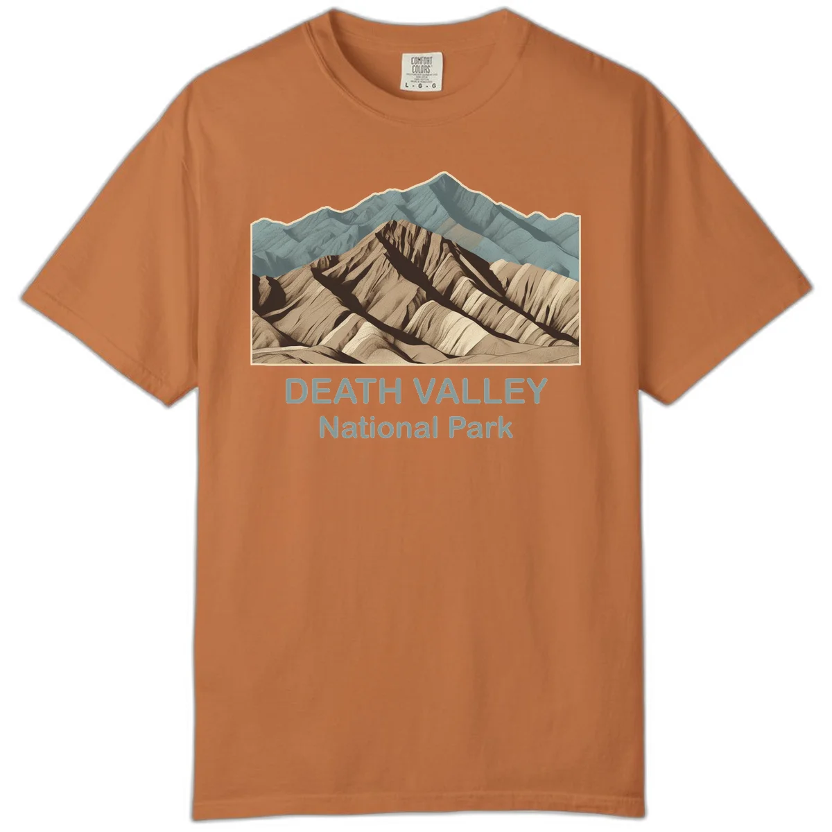 Vintage-style illustration of Death Valley badlands with layered tan and brown striped mountains, teal peaks in background, and text reading Death Valley National Park. in Yam