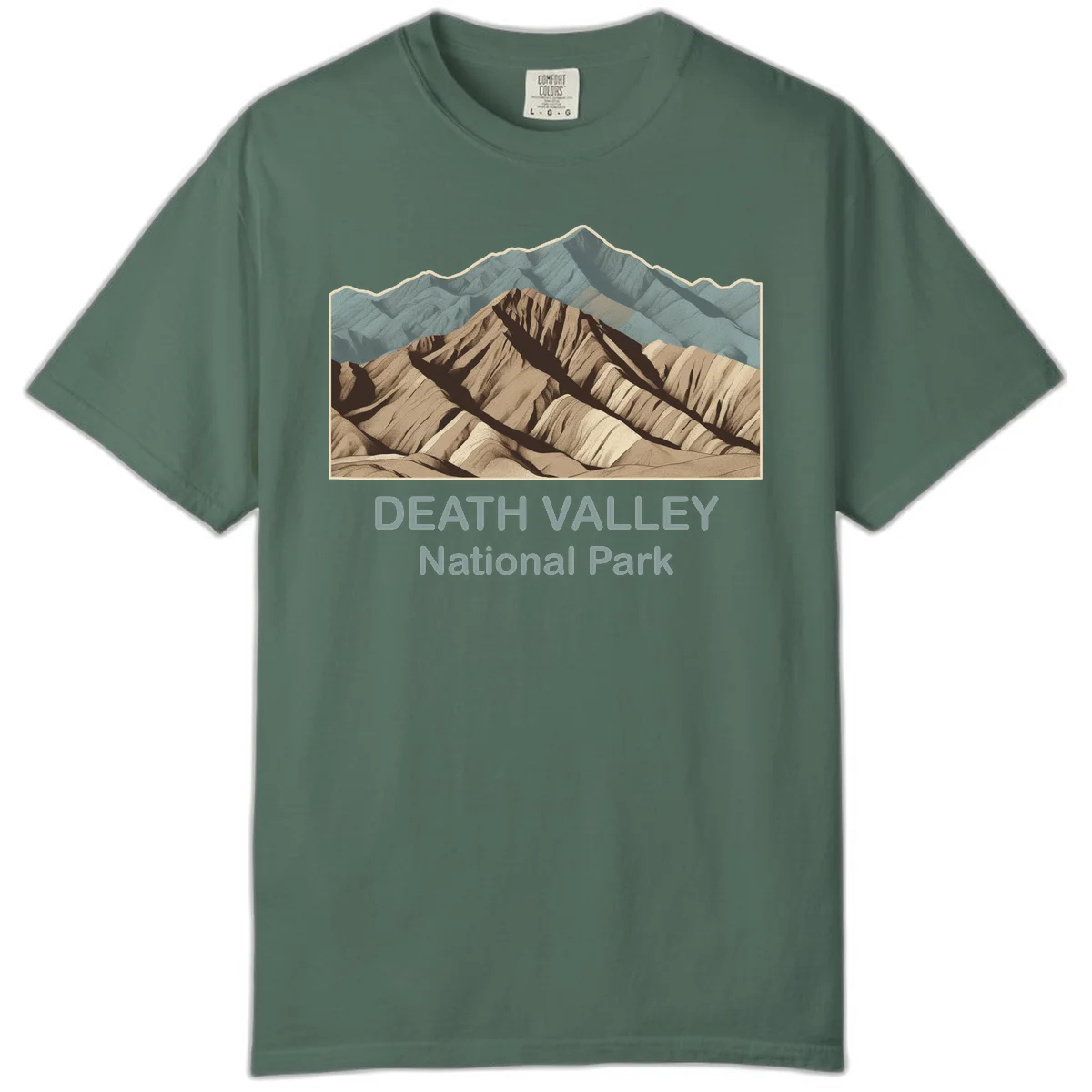 Vintage-style illustration of Death Valley badlands with layered tan and brown striped mountains, teal peaks in background, and text reading Death Valley National Park. in Blue Spruce