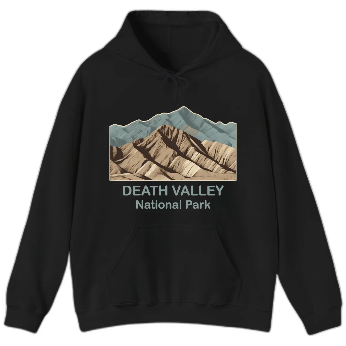 Vintage-style illustration of Death Valley badlands with layered tan and brown striped mountains, teal peaks in background, and text reading Death Valley National Park. in Black
