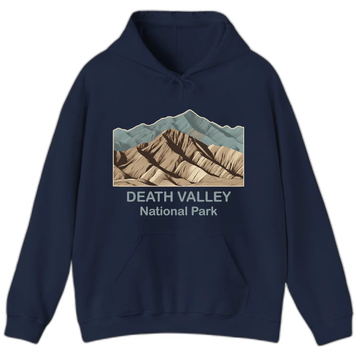 Vintage-style illustration of Death Valley badlands with layered tan and brown striped mountains, teal peaks in background, and text reading Death Valley National Park. in Navy