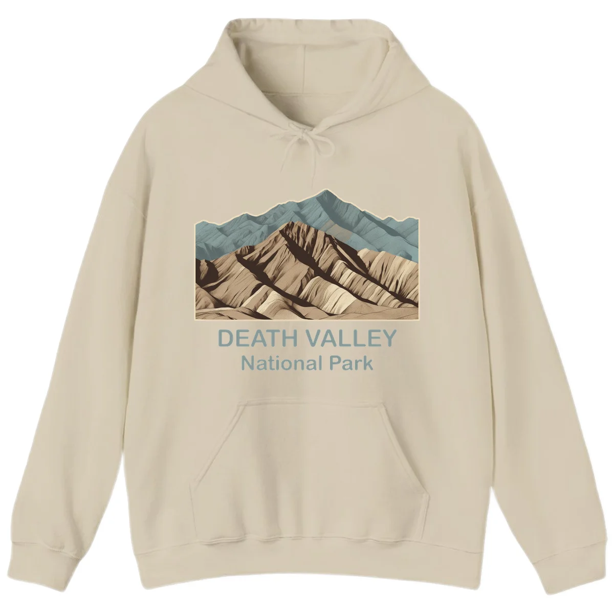 Vintage-style illustration of Death Valley badlands with layered tan and brown striped mountains, teal peaks in background, and text reading Death Valley National Park. in Sand