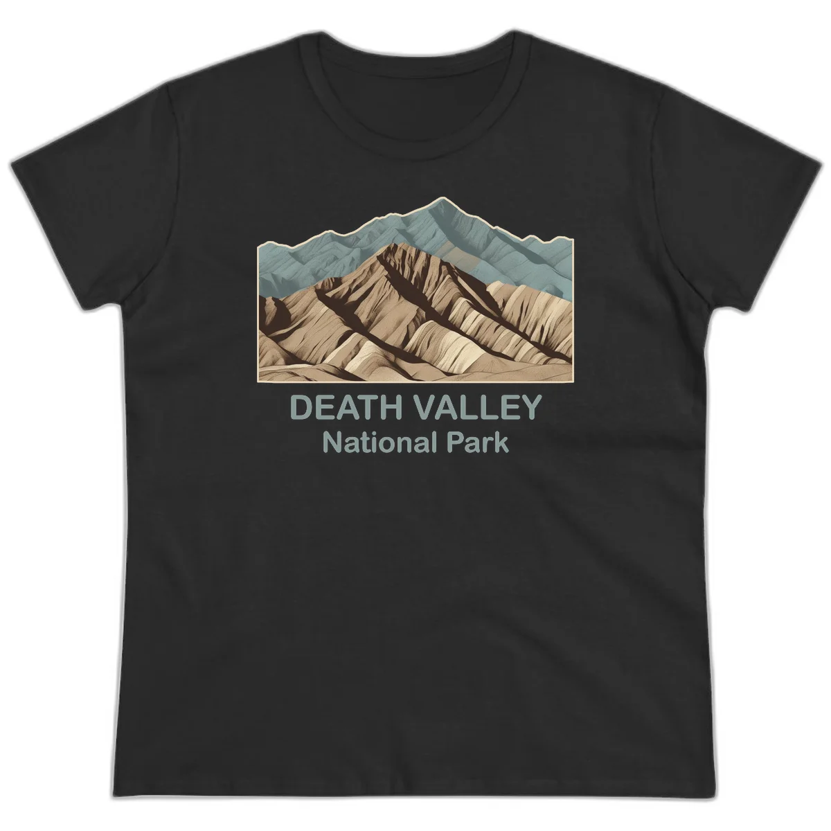 Vintage-style illustration of Death Valley badlands with layered tan and brown striped mountains, teal peaks in background, and text reading Death Valley National Park. in Black