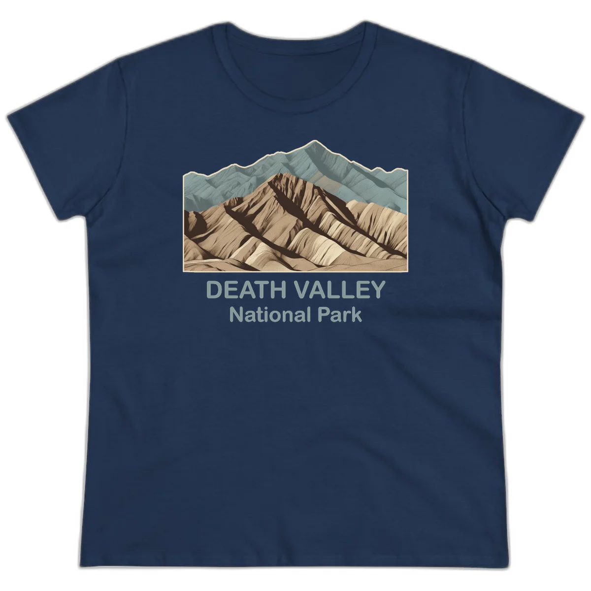 Vintage-style illustration of Death Valley badlands with layered tan and brown striped mountains, teal peaks in background, and text reading Death Valley National Park. in Navy