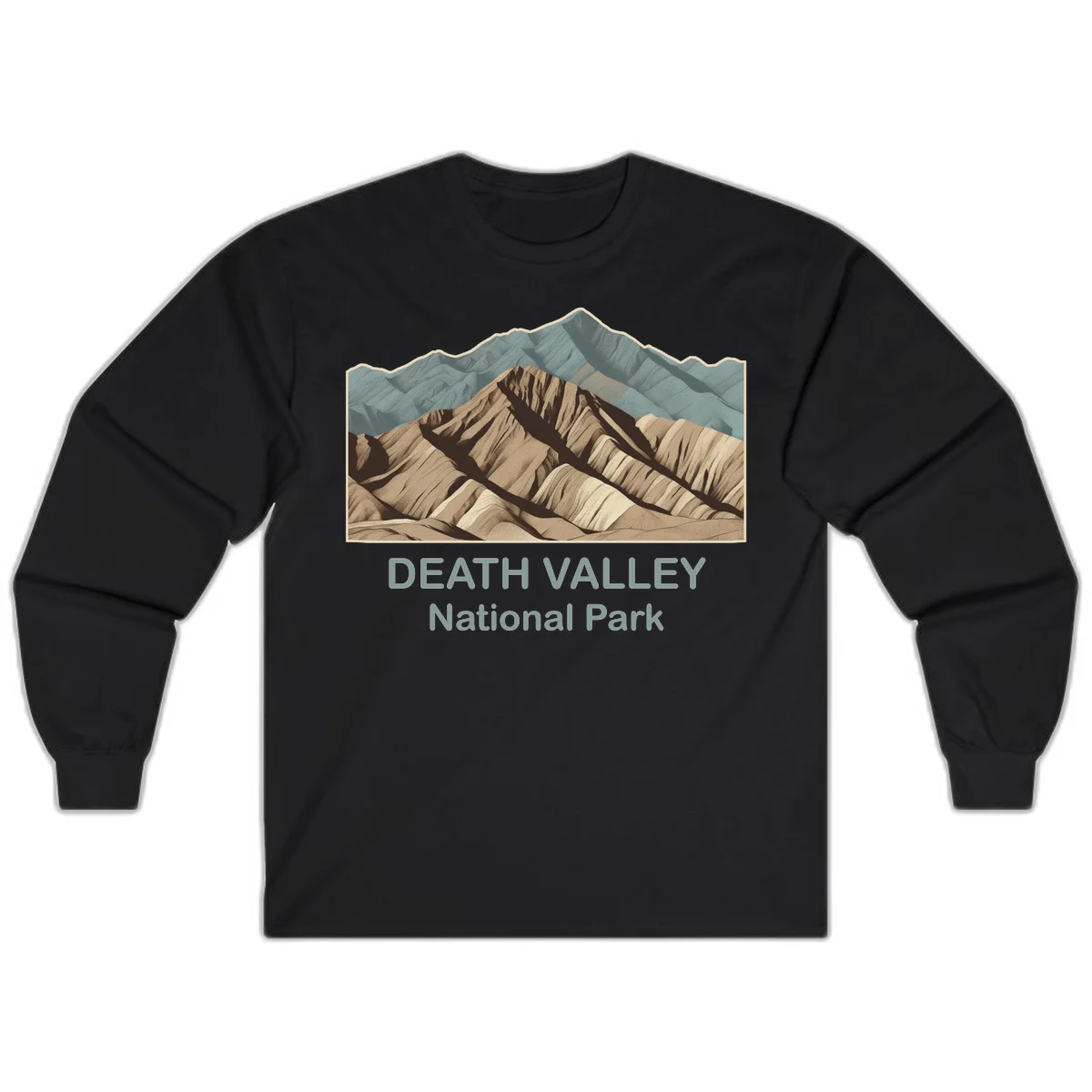 Vintage-style illustration of Death Valley badlands with layered tan and brown striped mountains, teal peaks in background, and text reading Death Valley National Park. in Black