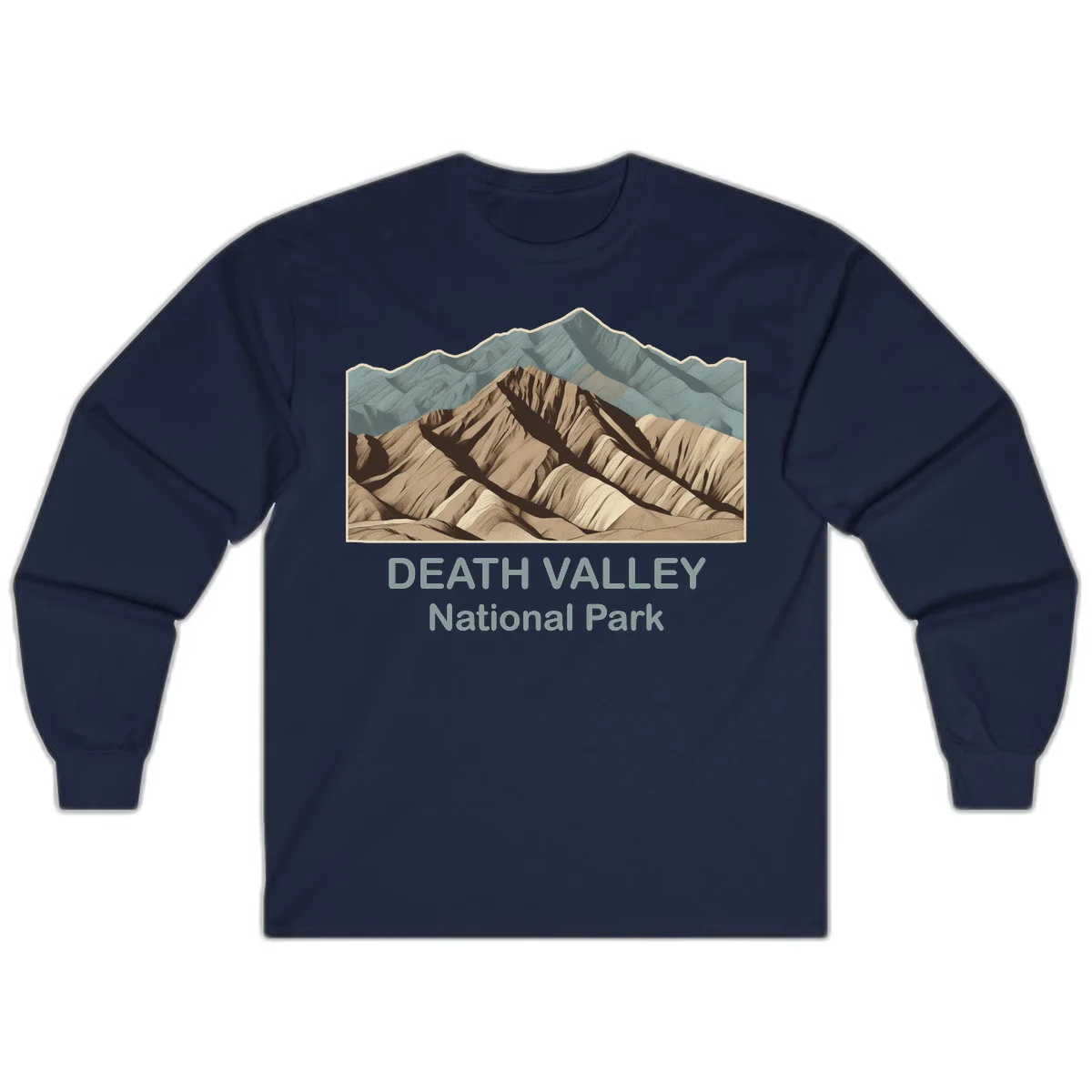 Vintage-style illustration of Death Valley badlands with layered tan and brown striped mountains, teal peaks in background, and text reading Death Valley National Park. in Navy