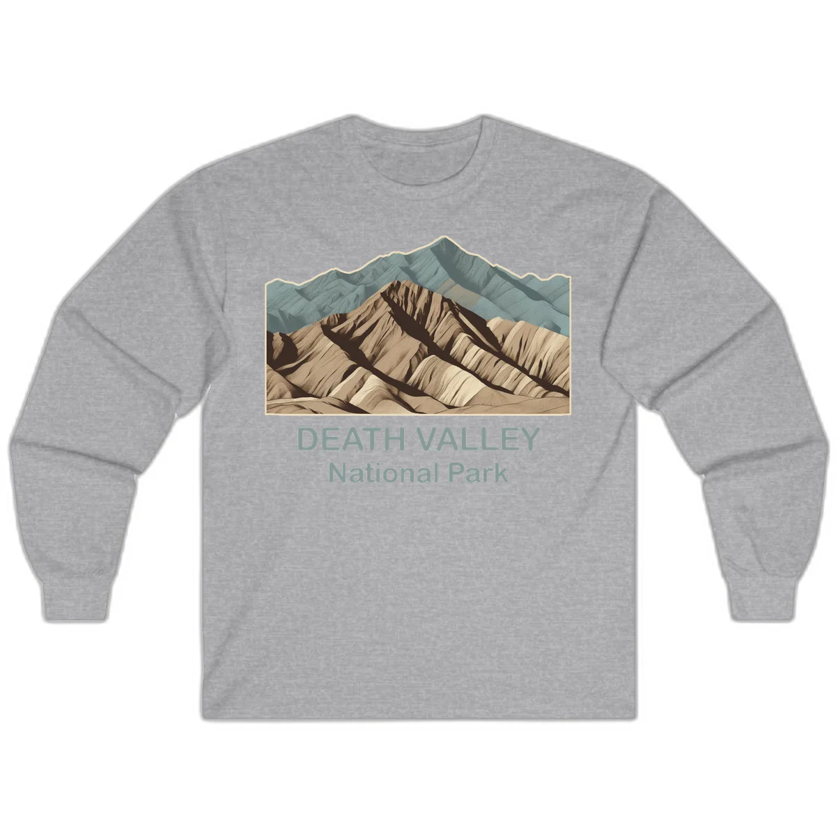 Vintage-style illustration of Death Valley badlands with layered tan and brown striped mountains, teal peaks in background, and text reading Death Valley National Park. in Sport Grey
