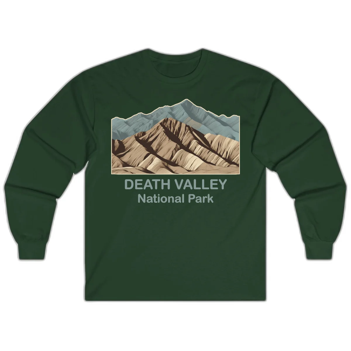 Vintage-style illustration of Death Valley badlands with layered tan and brown striped mountains, teal peaks in background, and text reading Death Valley National Park. in Forest Green