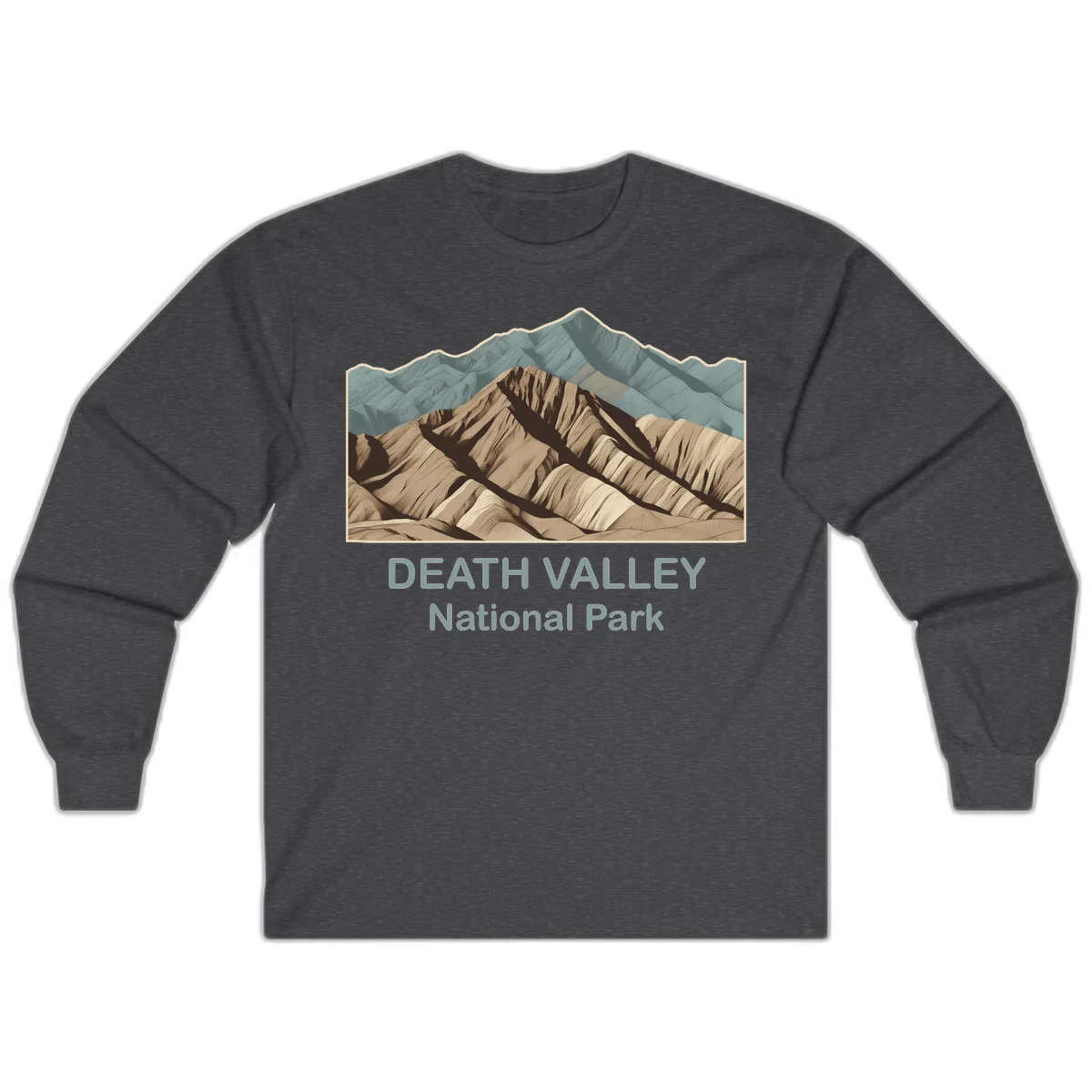 Vintage-style illustration of Death Valley badlands with layered tan and brown striped mountains, teal peaks in background, and text reading Death Valley National Park. in Dark Heather