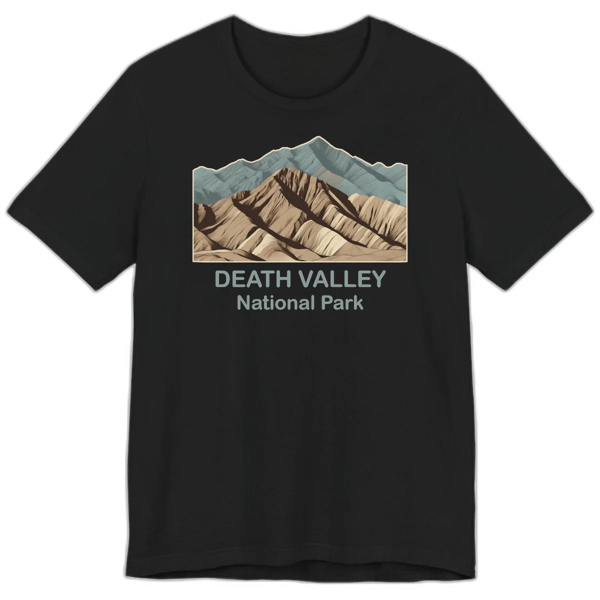 Vintage-style illustration of Death Valley badlands with layered tan and brown striped mountains, teal peaks in background, and text reading Death Valley National Park. in Black