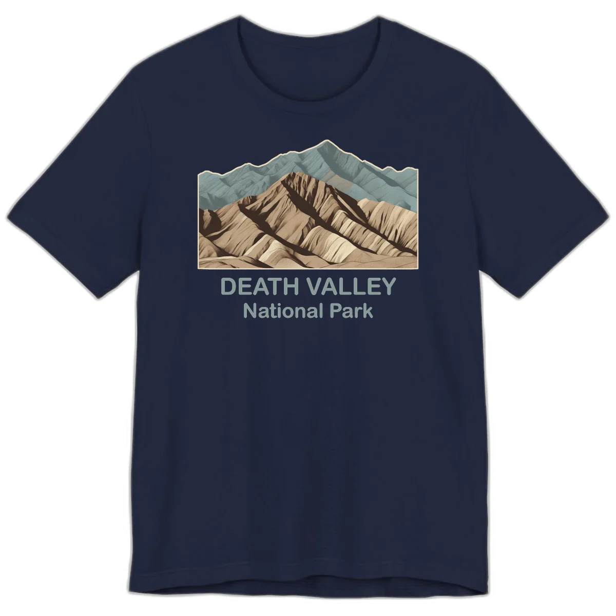 Vintage-style illustration of Death Valley badlands with layered tan and brown striped mountains, teal peaks in background, and text reading Death Valley National Park. in Navy