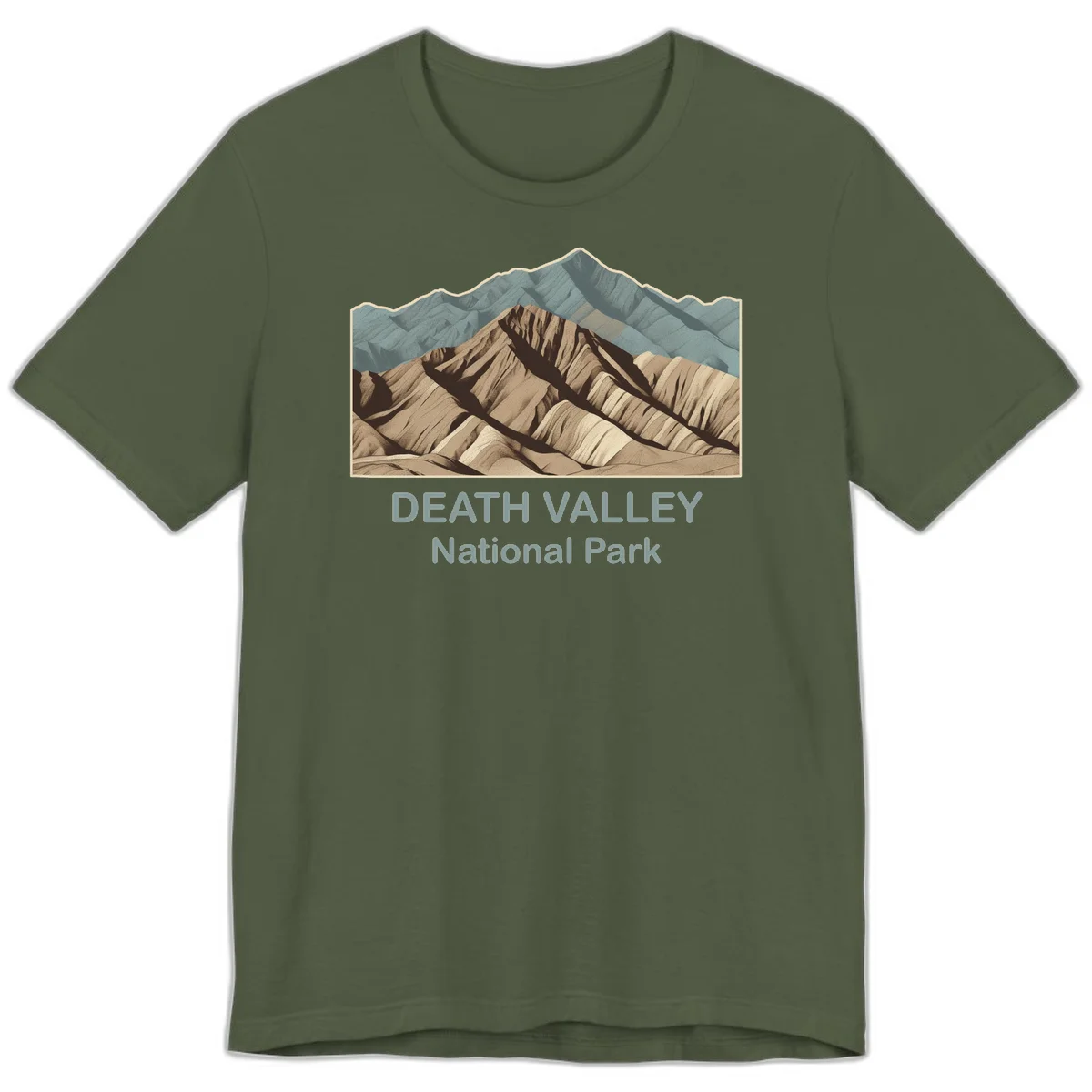 Vintage-style illustration of Death Valley badlands with layered tan and brown striped mountains, teal peaks in background, and text reading Death Valley National Park. in Military Green