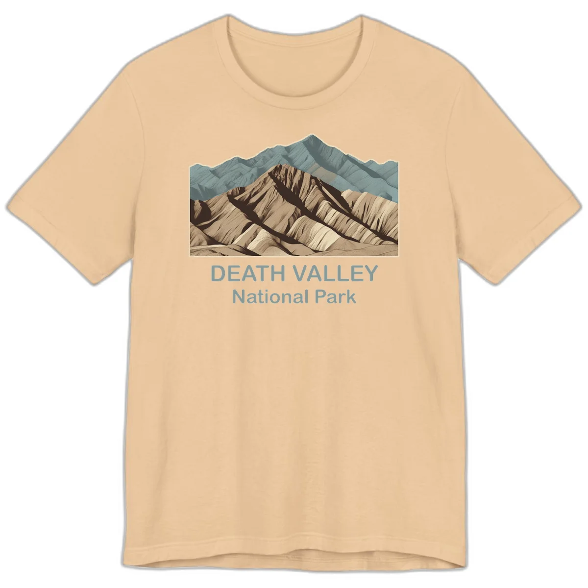 Vintage-style illustration of Death Valley badlands with layered tan and brown striped mountains, teal peaks in background, and text reading Death Valley National Park. in Sand Dune