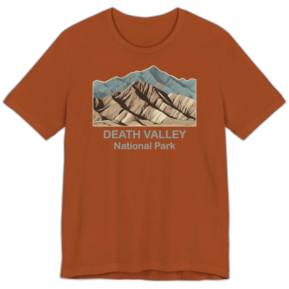 Vintage-style illustration of Death Valley badlands with layered tan and brown striped mountains, teal peaks in background, and text reading Death Valley National Park. in Autumn
