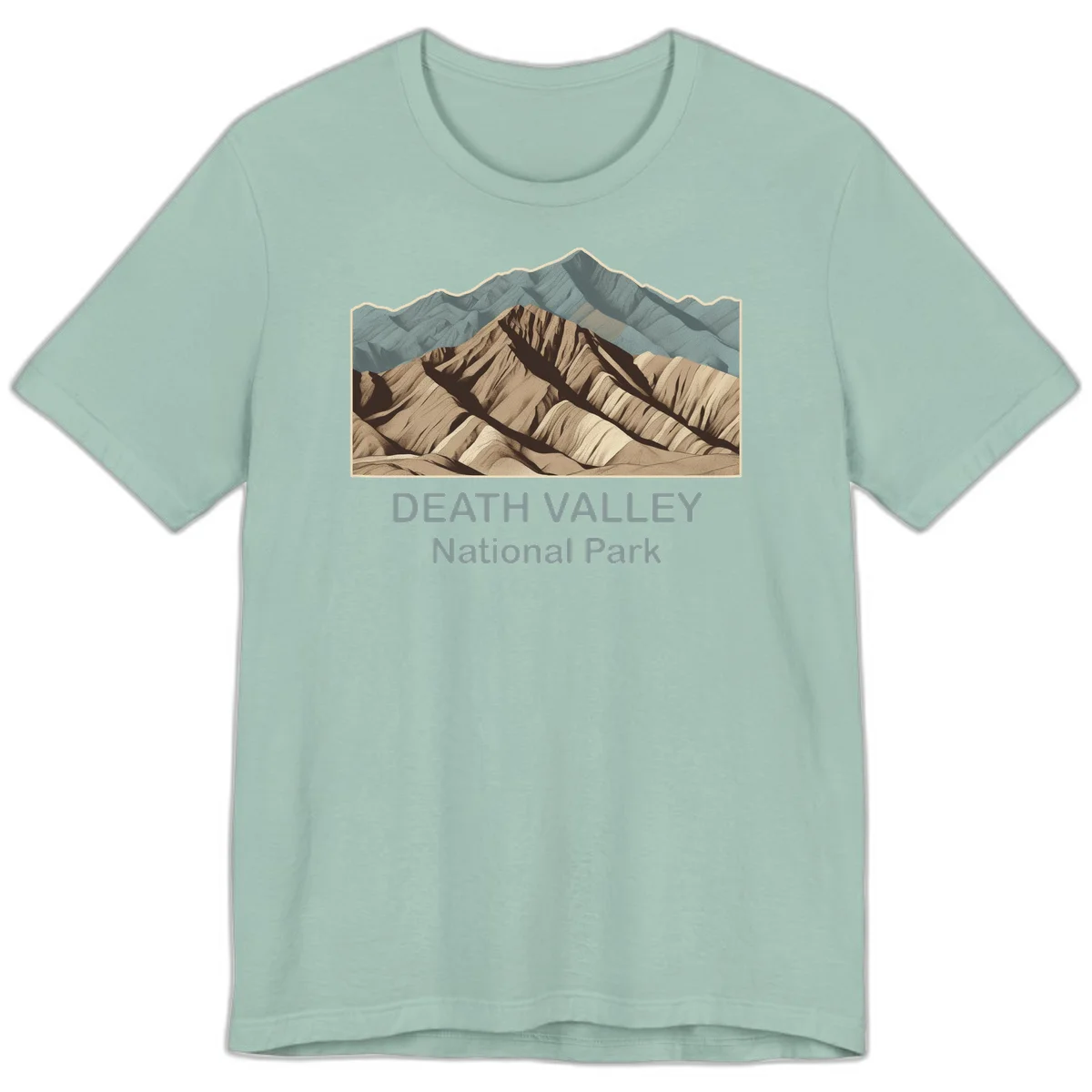 Vintage-style illustration of Death Valley badlands with layered tan and brown striped mountains, teal peaks in background, and text reading Death Valley National Park. in Dusty Blue
