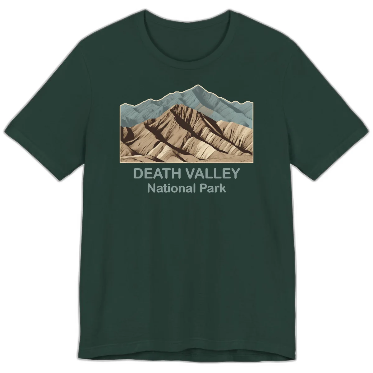 Vintage-style illustration of Death Valley badlands with layered tan and brown striped mountains, teal peaks in background, and text reading Death Valley National Park. in Forest