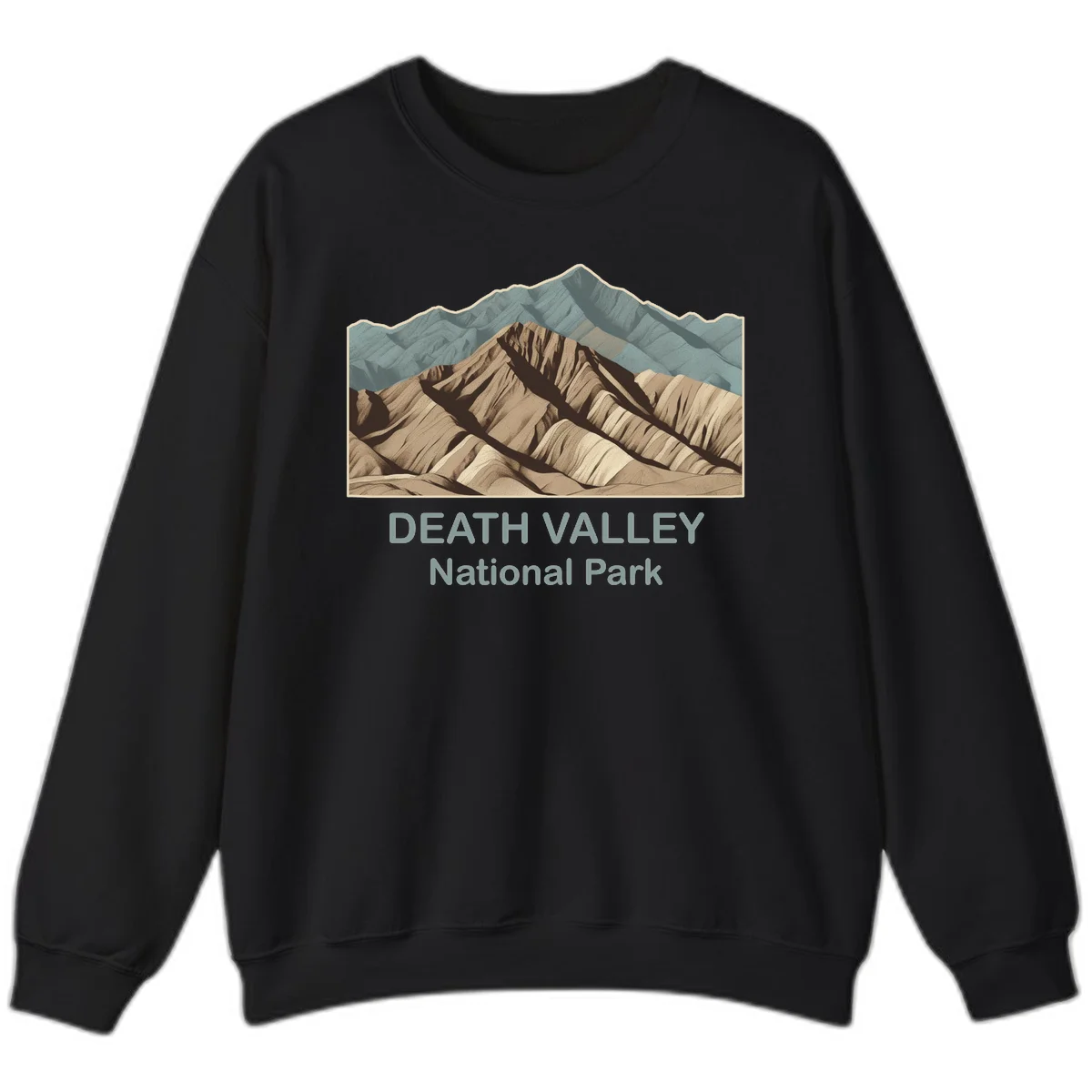 Vintage-style illustration of Death Valley badlands with layered tan and brown striped mountains, teal peaks in background, and text reading Death Valley National Park. in Black