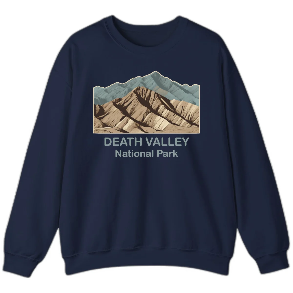 Vintage-style illustration of Death Valley badlands with layered tan and brown striped mountains, teal peaks in background, and text reading Death Valley National Park. in Navy
