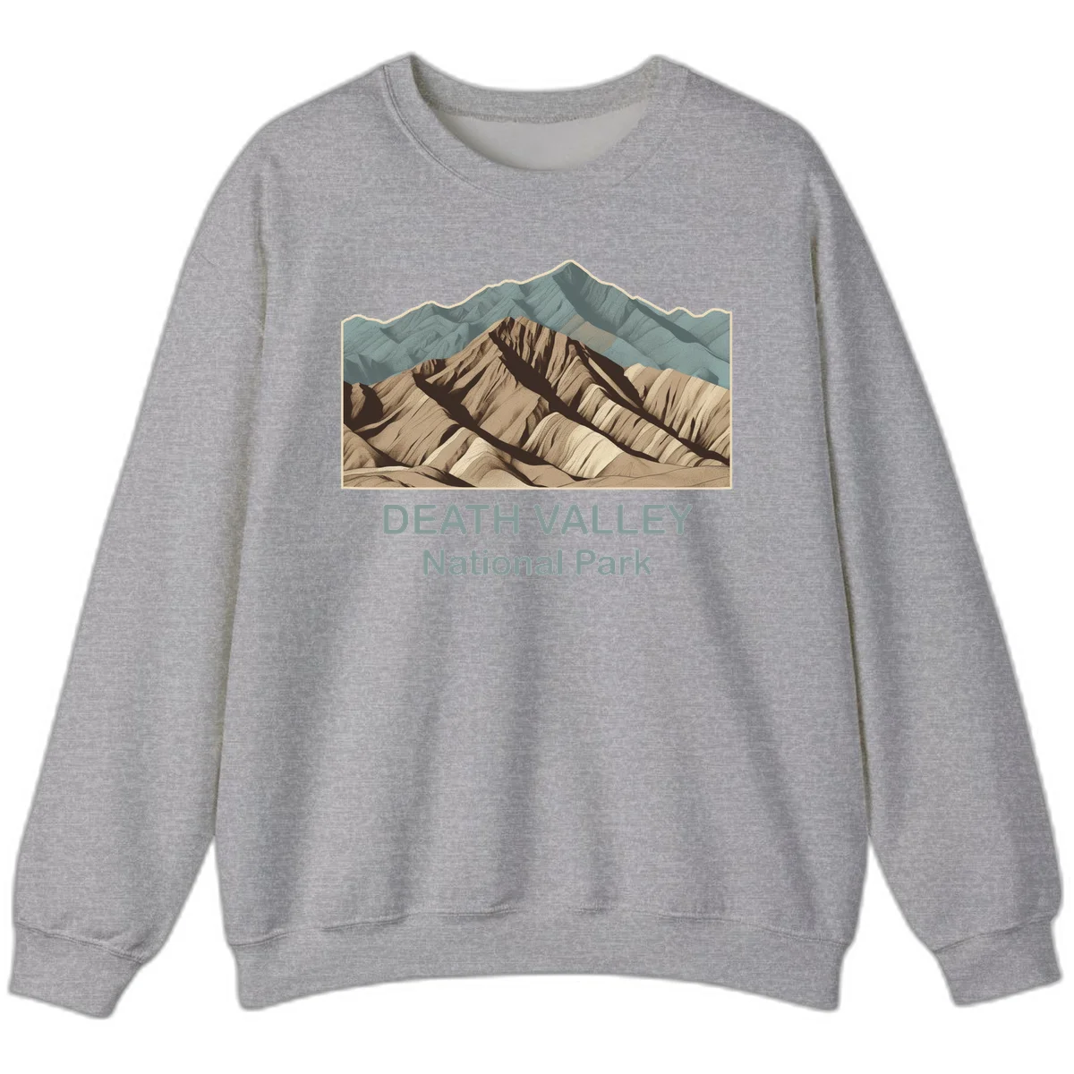Vintage-style illustration of Death Valley badlands with layered tan and brown striped mountains, teal peaks in background, and text reading Death Valley National Park. in Sport Grey