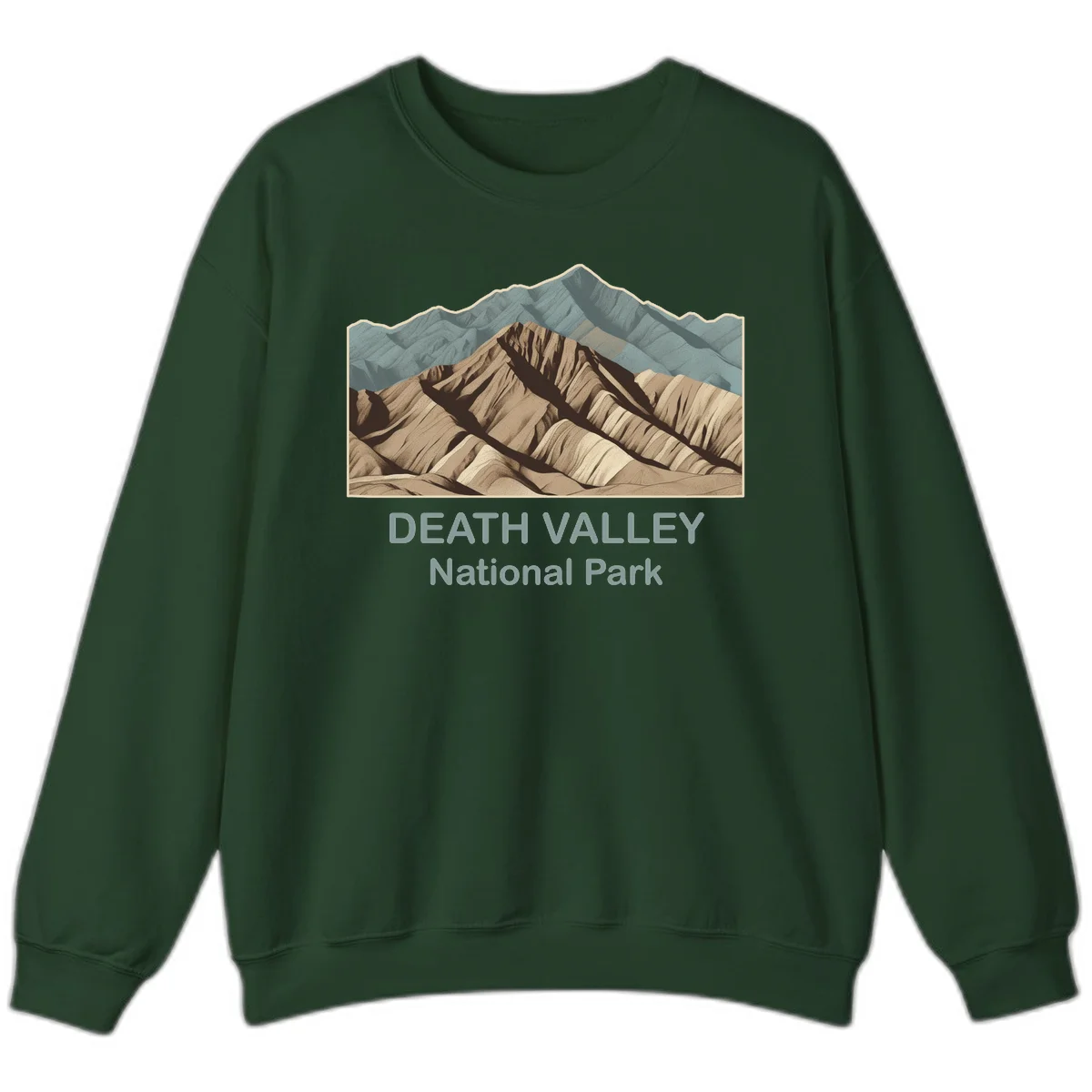 Vintage-style illustration of Death Valley badlands with layered tan and brown striped mountains, teal peaks in background, and text reading Death Valley National Park. in Forest Green
