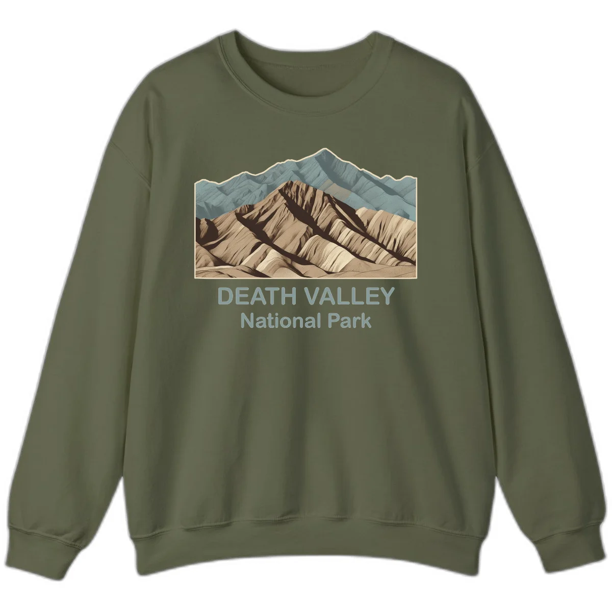 Vintage-style illustration of Death Valley badlands with layered tan and brown striped mountains, teal peaks in background, and text reading Death Valley National Park. in Military Green