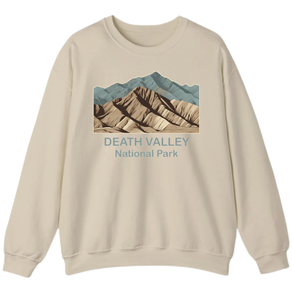 Vintage-style illustration of Death Valley badlands with layered tan and brown striped mountains, teal peaks in background, and text reading Death Valley National Park. in Sand