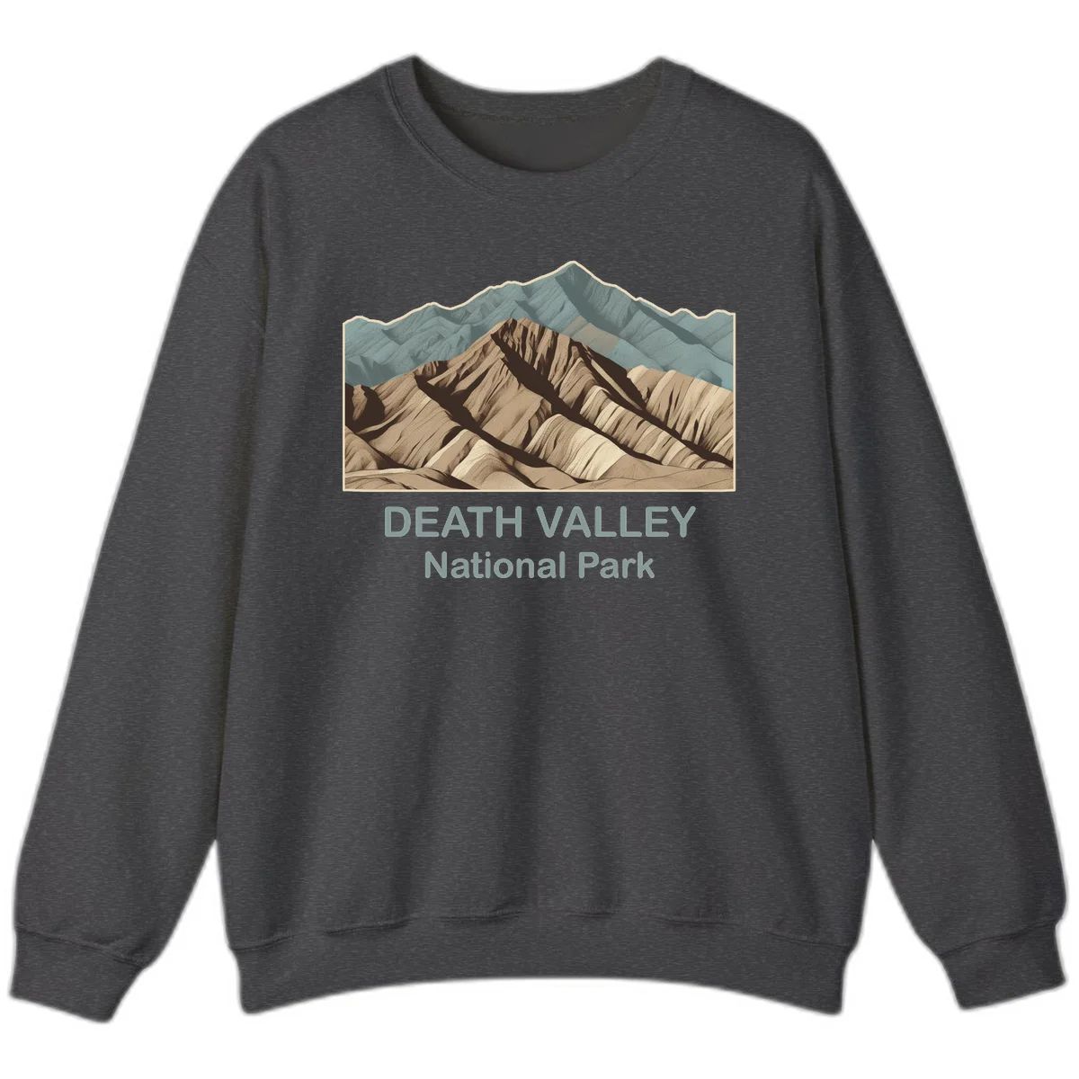 Vintage-style illustration of Death Valley badlands with layered tan and brown striped mountains, teal peaks in background, and text reading Death Valley National Park. in Dark Heather