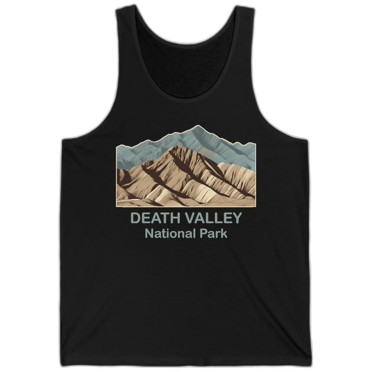 Vintage-style illustration of Death Valley badlands with layered tan and brown striped mountains, teal peaks in background, and text reading Death Valley National Park. in Black
