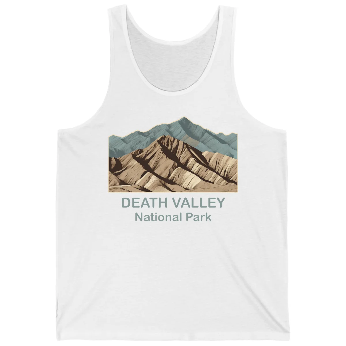 Vintage-style illustration of Death Valley badlands with layered tan and brown striped mountains, teal peaks in background, and text reading Death Valley National Park. in White