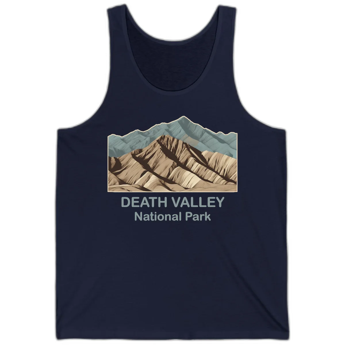 Vintage-style illustration of Death Valley badlands with layered tan and brown striped mountains, teal peaks in background, and text reading Death Valley National Park. in Navy