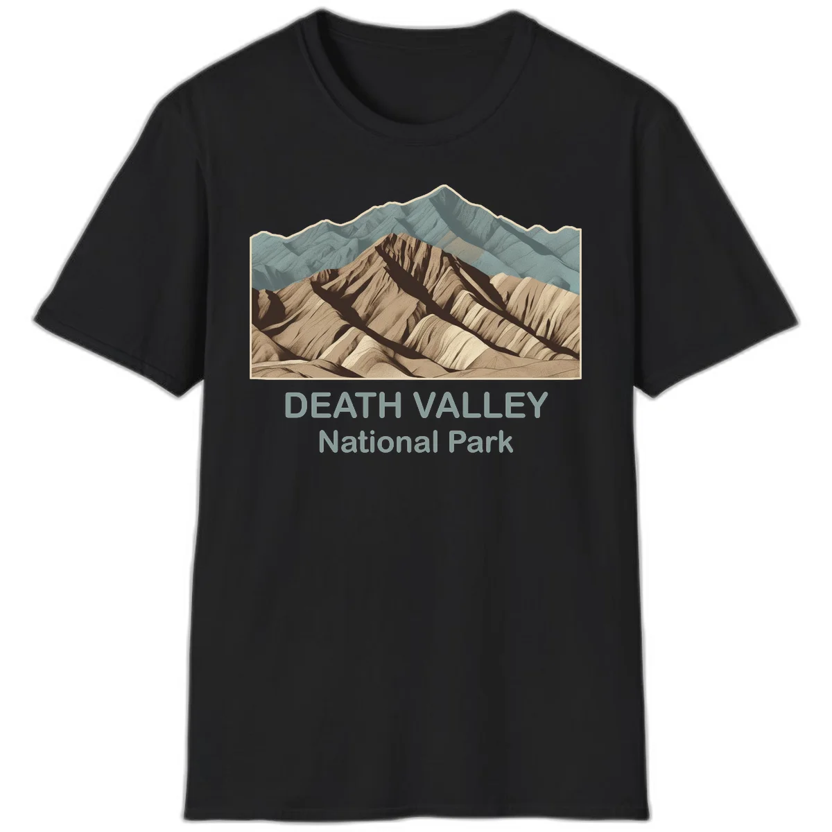 Vintage-style illustration of Death Valley badlands with layered tan and brown striped mountains, teal peaks in background, and text reading Death Valley National Park. in Black
