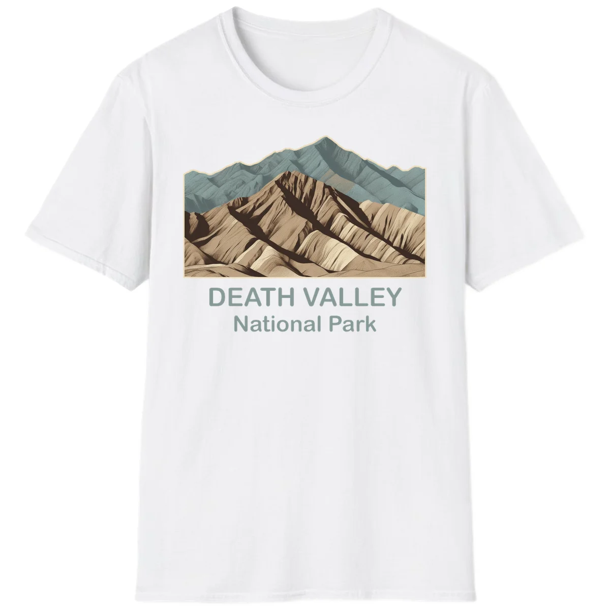 Vintage-style illustration of Death Valley badlands with layered tan and brown striped mountains, teal peaks in background, and text reading Death Valley National Park. in White