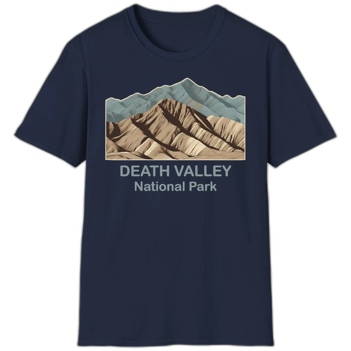 Vintage-style illustration of Death Valley badlands with layered tan and brown striped mountains, teal peaks in background, and text reading Death Valley National Park. in Navy