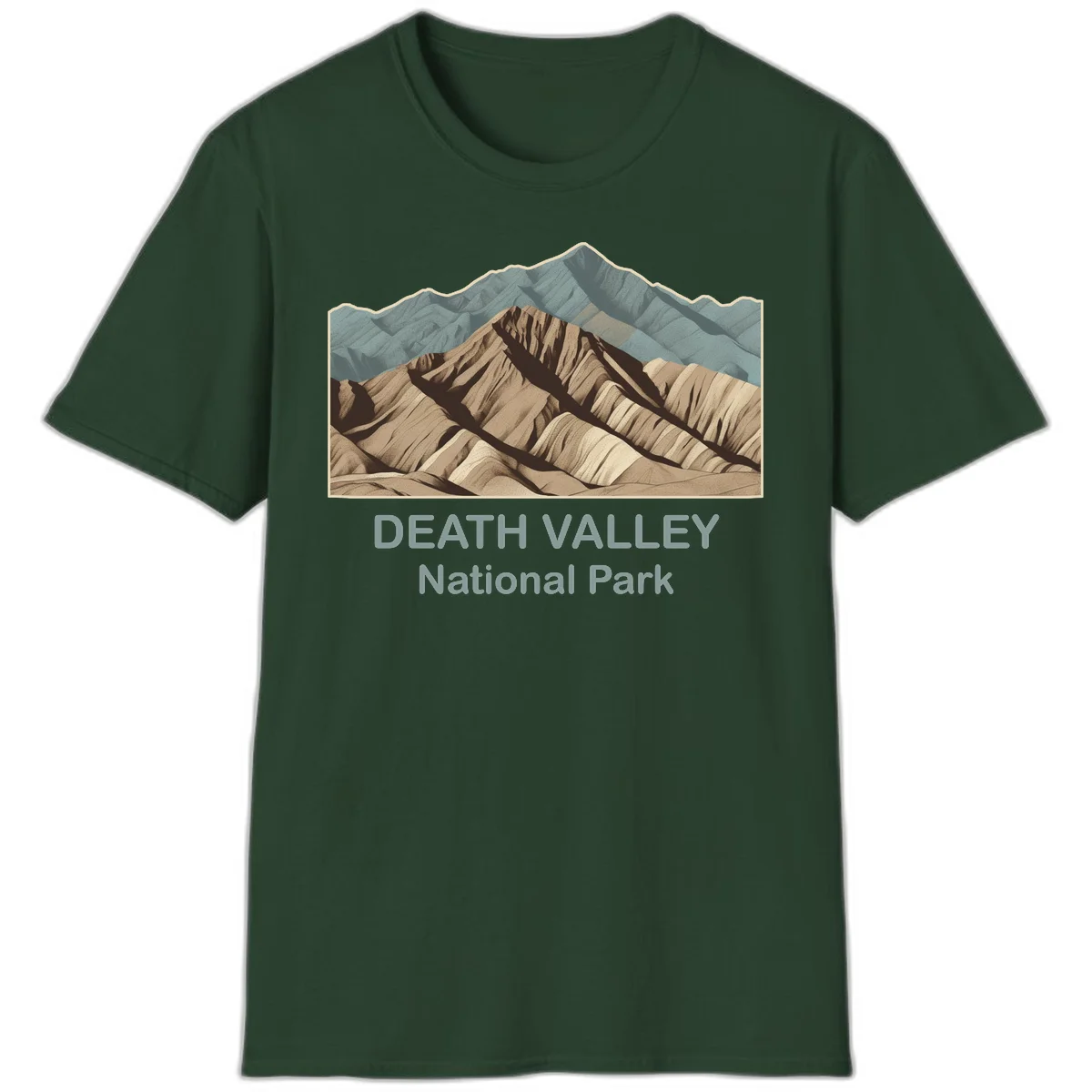 Vintage-style illustration of Death Valley badlands with layered tan and brown striped mountains, teal peaks in background, and text reading Death Valley National Park. in Forest Green