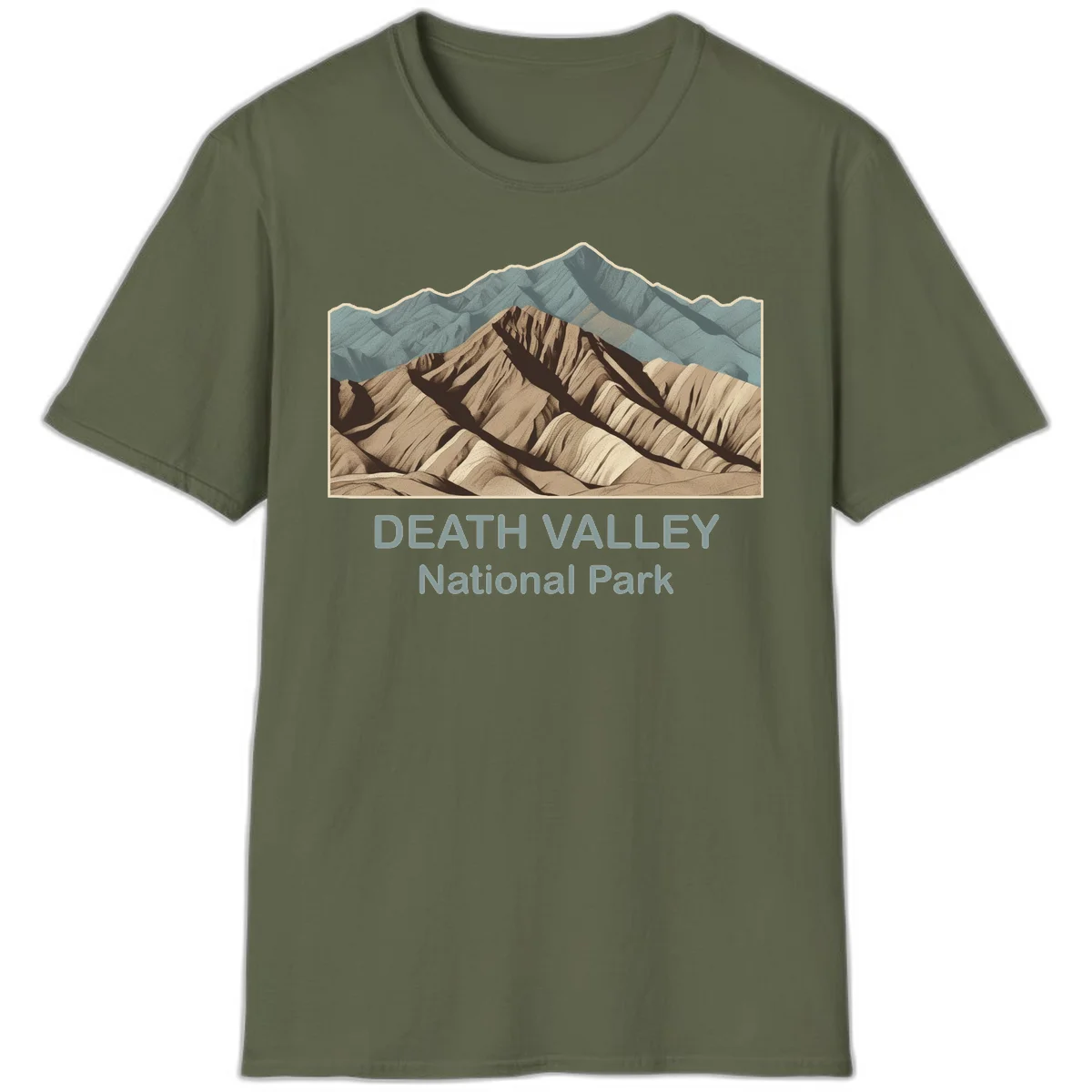 Vintage-style illustration of Death Valley badlands with layered tan and brown striped mountains, teal peaks in background, and text reading Death Valley National Park. in Military Green